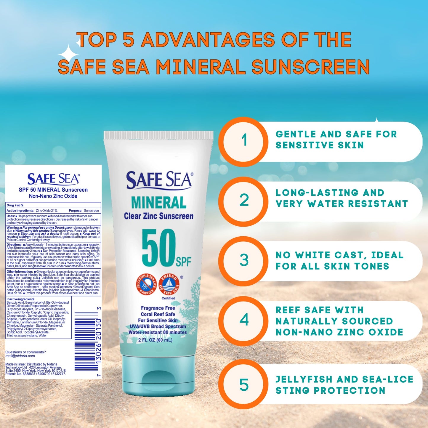 Safe Sea Zinc Oxide Sunscreen SPF50 | Clear Mineral Face Sunscreen Without White Cast | Anti-Jellyfish Sting Protective Lotion | 2Oz (60ml), Pack of 1 (2 Fl Oz (Pack of 1))