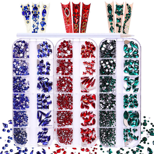 JERCLITY 2430pcs Flat Back Green Nail Rhinestones Blue Nail Rhinestones Red Nail Rhinestones for Nails Round Beads Crystals Gems Stones Multi Shapes Sizes Nail Rhinestones for Acrylic Nail Face Art