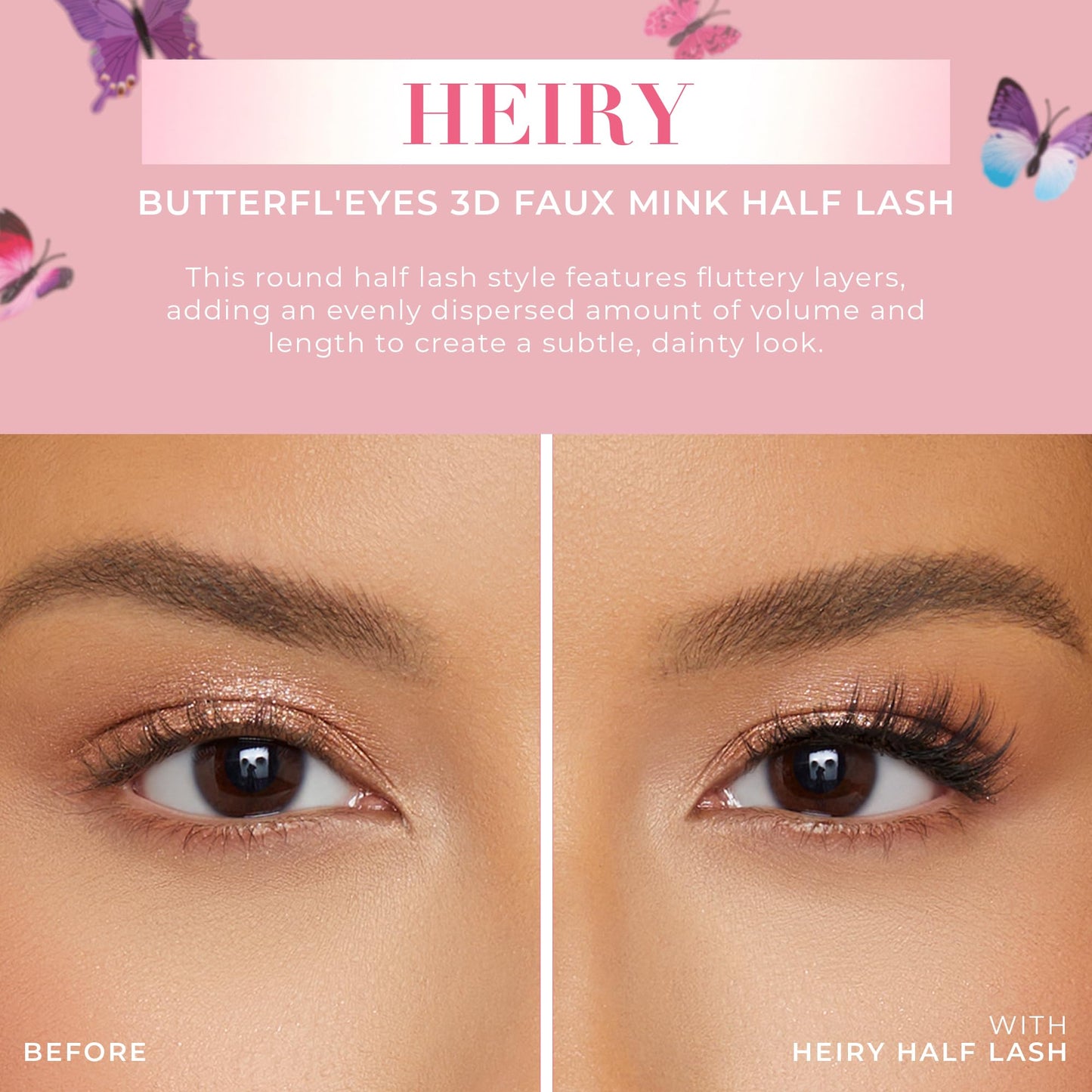 Lilly Lashes Butterfl'eyes Faux Mink Lashes, Half Lashes Natural Look & Feel, False Eyelashes, Reusable Eyelashes 20x, No Trimming + Easy to Apply, Round Style, Lash Glue not Included, 13mm (Heiry)