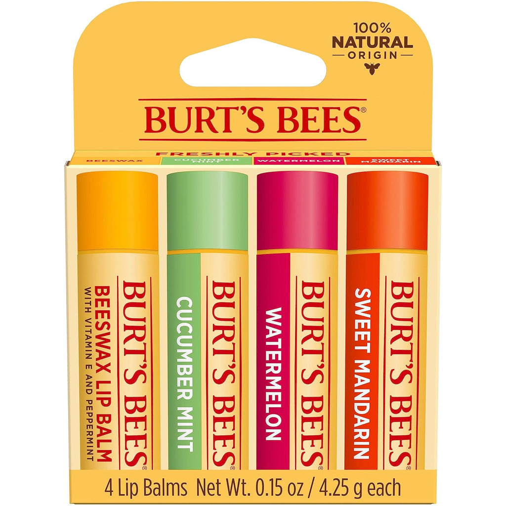 Burt's Bees Lip Balm - Original Beeswax, Cucumber Mint, Watermelon & Sweet Mandarin, With Responsibly Sourced Beeswax, Tint-Free, Natural Origin Treatment, 4 Tubes, 0.15 oz.