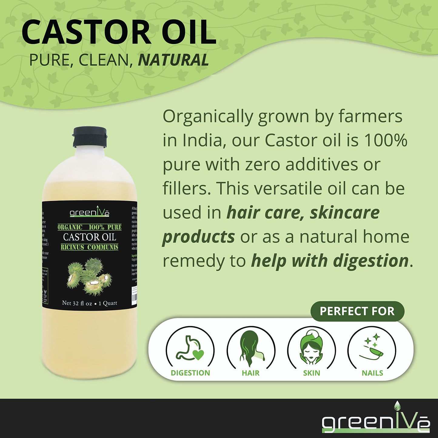 GreenIVe Castor Oil Organically Grown 100% Pure 128oz (1 Gallon) Bottle Cold Pressed, Hexane Free, Eyelash and Eybrow Growth Serum, Skin Moisturizer Detox and Wraps