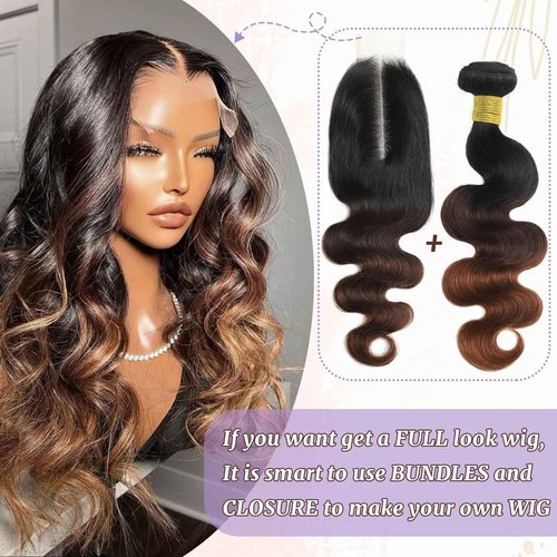DSEKCAIN 2x6 HD Lace Closure T1B/2/30 Chestnut Brown Ombre Body Wave 2x6 Transparent Lace Closure 3 Tone Ombre Medium Auburn Colored 100% Virgin Human Hair 150% Density 14 Inch