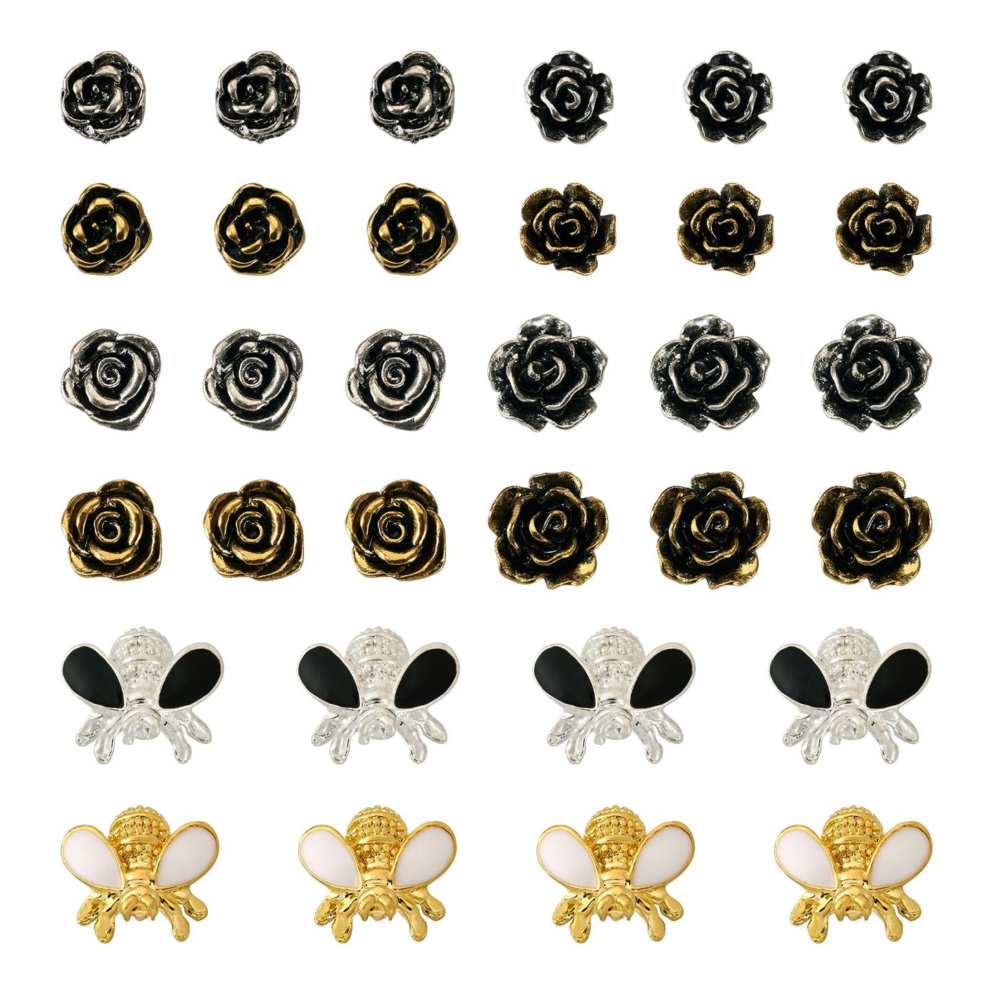 Craftdady 60Pcs Alloy Enamel Bee Rose Nail Art Cabochons Antique Flower Nail Charms Flatbak Metal Nail Beads for Nail Art Scrapbooking DIY Hair Clip Crafts Jewelry Making Supplies