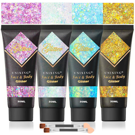 Face Glitter Gel, Holographic Body Glitter Gel for Hair, Body, Face, Lip, Eyeshadow, Sequins Glitter Face Paint, Chunky Glitter for Makeup, Sparkling Glitter Makeup for Concerts Music Festival Rave