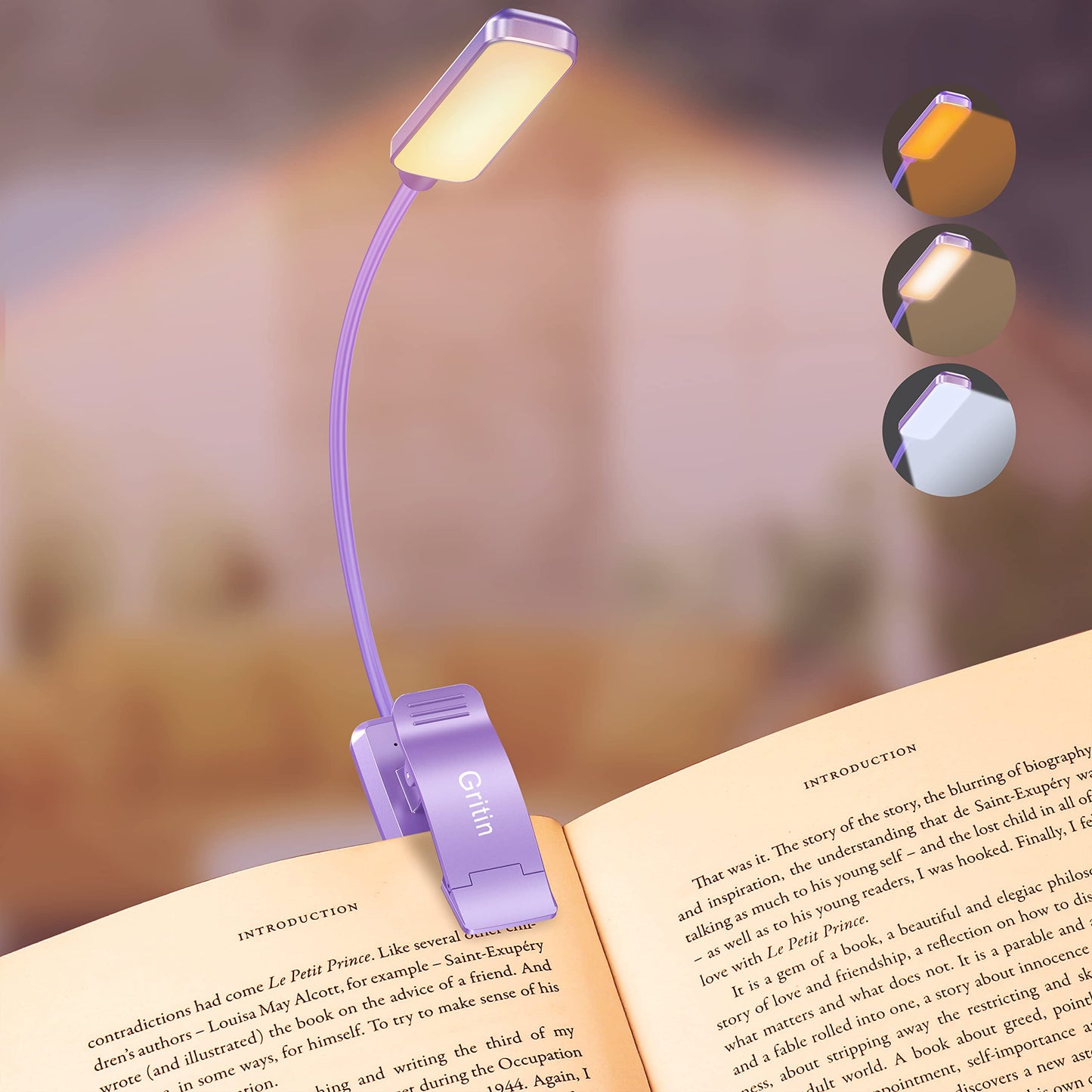 Gritin 9 LED Rechargeable Book Light for Reading in Bed - Eye Caring 3 Color Temperatures,Stepless Dimming Brightness,80 Hrs Runtime Small Lightweight Clip On Book Reading Light for Studying-Purple