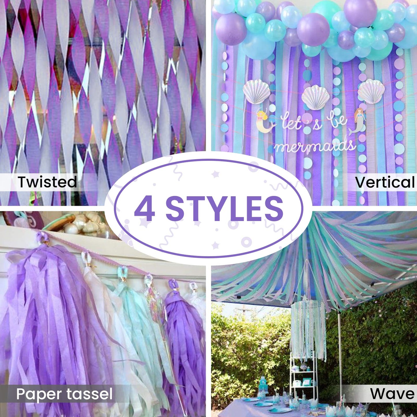 PartyWoo Crepe Paper Streamers 6 Rolls 492ft, Pack of Peach, Purple, Light Pink and Pastel Blue Party Streamers for Mermaid Birthday Decorations, Mermaid Party Decorations (1.8 Inch x 82 Ft/Roll)