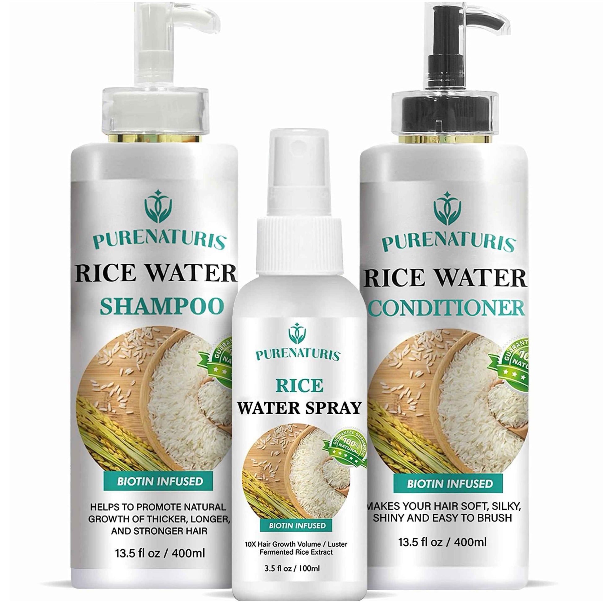 PureNaturis Rosemary Rice Water Shampoo Conditioner & leave-in Spray for Hair Growth Repair System Kit, w/Rosemary, Biotin, Caffeine, Sulfate Free Routine Shampoo for Women Men Hair Loss Thickening