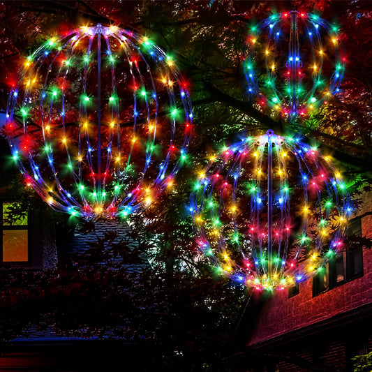 KPROE Christmas LED Light Balls Outdoor, Set of 3 Hanging Tree Globe Lights Foldable Flat Metal Frame for Outside, Garden, Yard, Sphere Decoration (Multicolor)