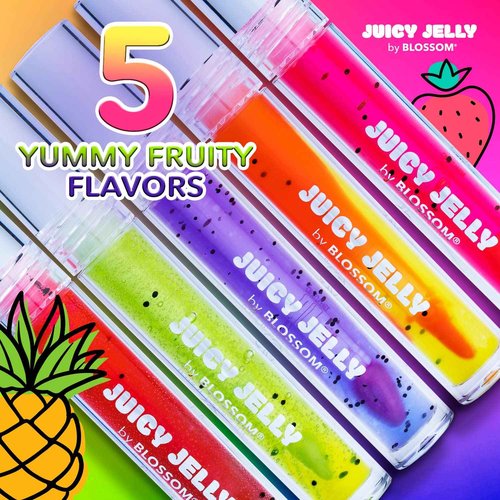 Blossom Juicy Jelly Moisturizing Lip Care Fruit Flavored Nourishing Lip Oil with Doe Foot Wand Applicator, 0.45fl oz, 5 Pack Bundle