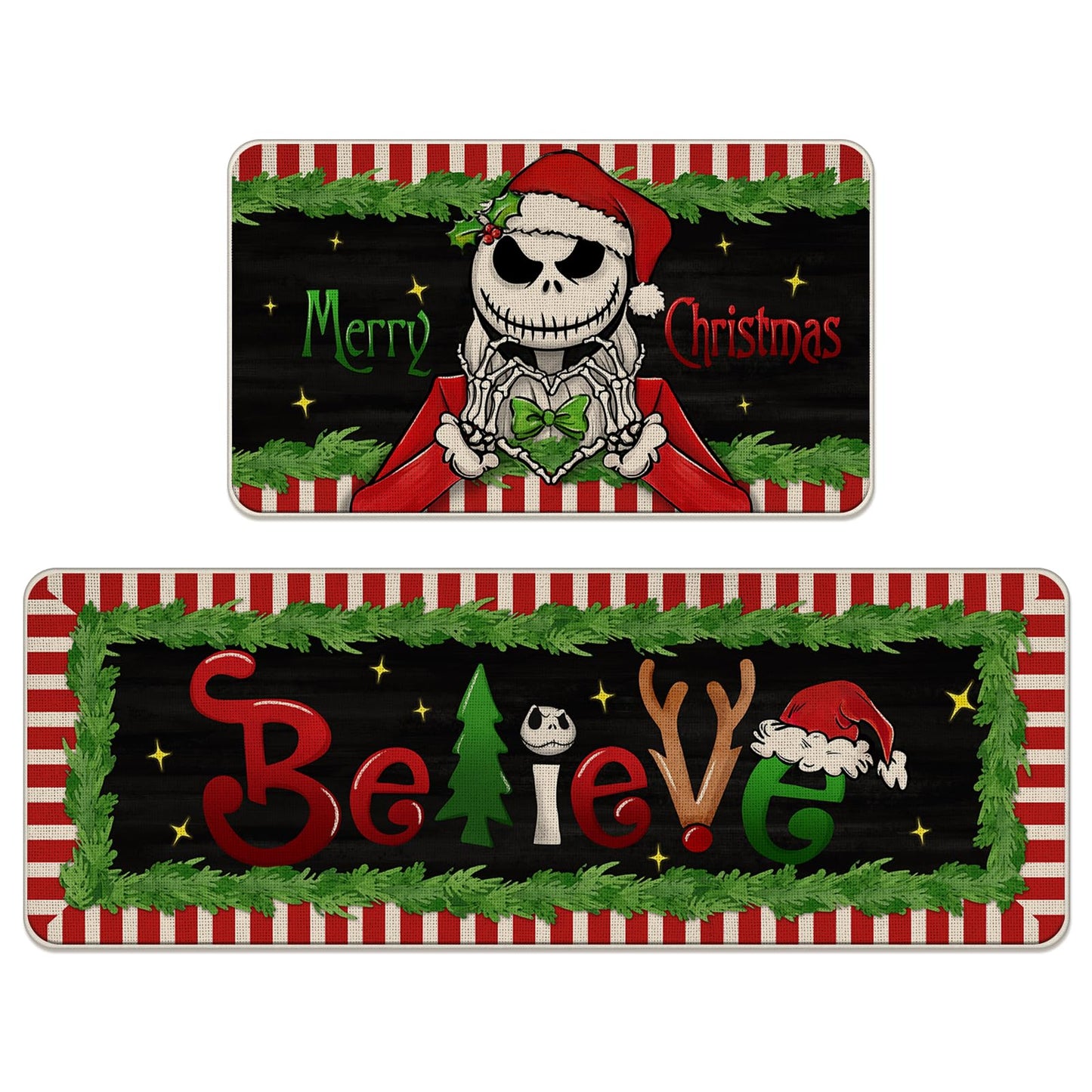 Tailus Merry Christmas Believe Kitchen Rugs Set of 2, Xmas Jack Skellington Kitchen Mats Decor, Funny Holiday Party Floor Door Mat Home Decorations -17x29 and 17x47 Inch