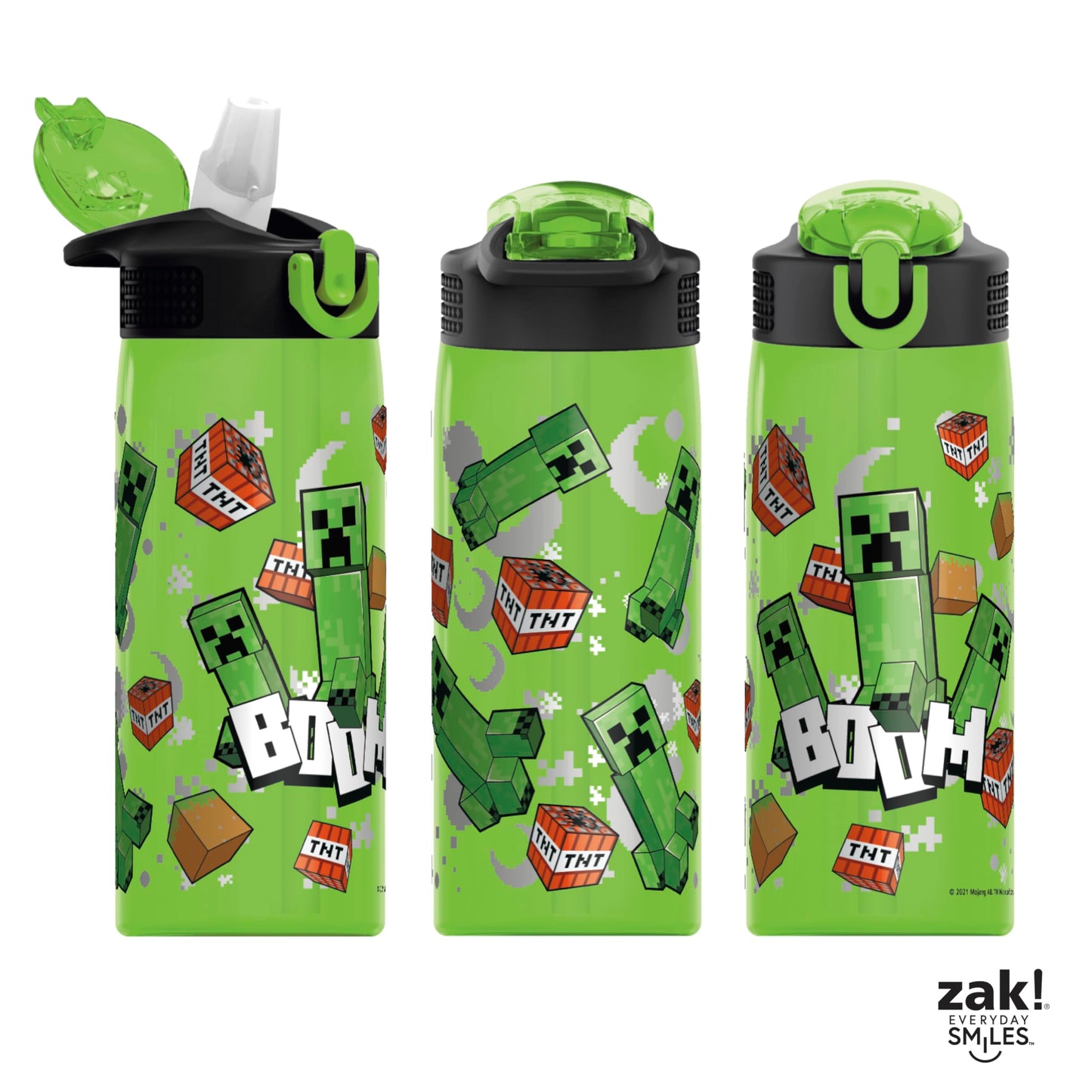 Zak Designs Minecraft Water Bottle For School or Travel, 25 oz Durable Plastic Water Bottle With Straw, Handle, and Leak-Proof, Pop-Up Spout Cover (Creeper)