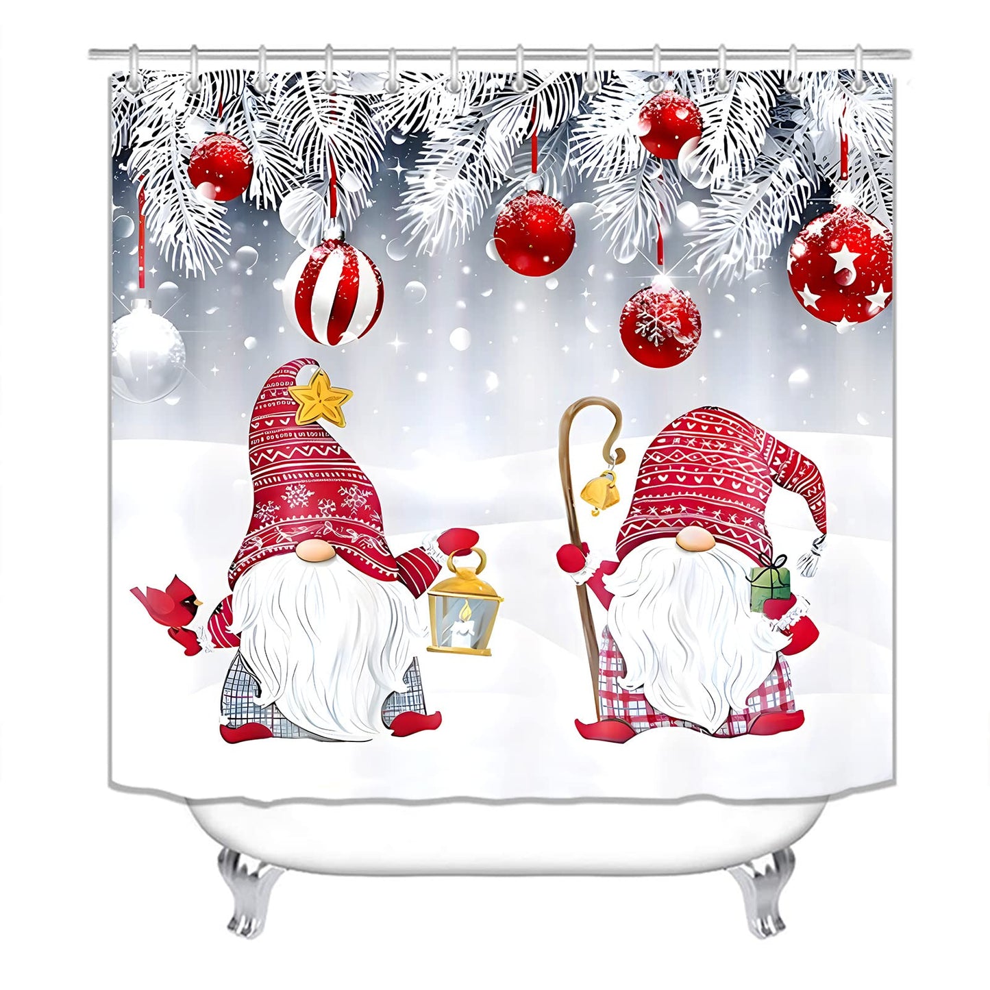 Apqdw Christmas Gnomes Shower Curtain for Bathroom, Rustic Christmas Tree Ball Shower Curtain, White Red Winter Shower Curtain for Holiday (Q2)