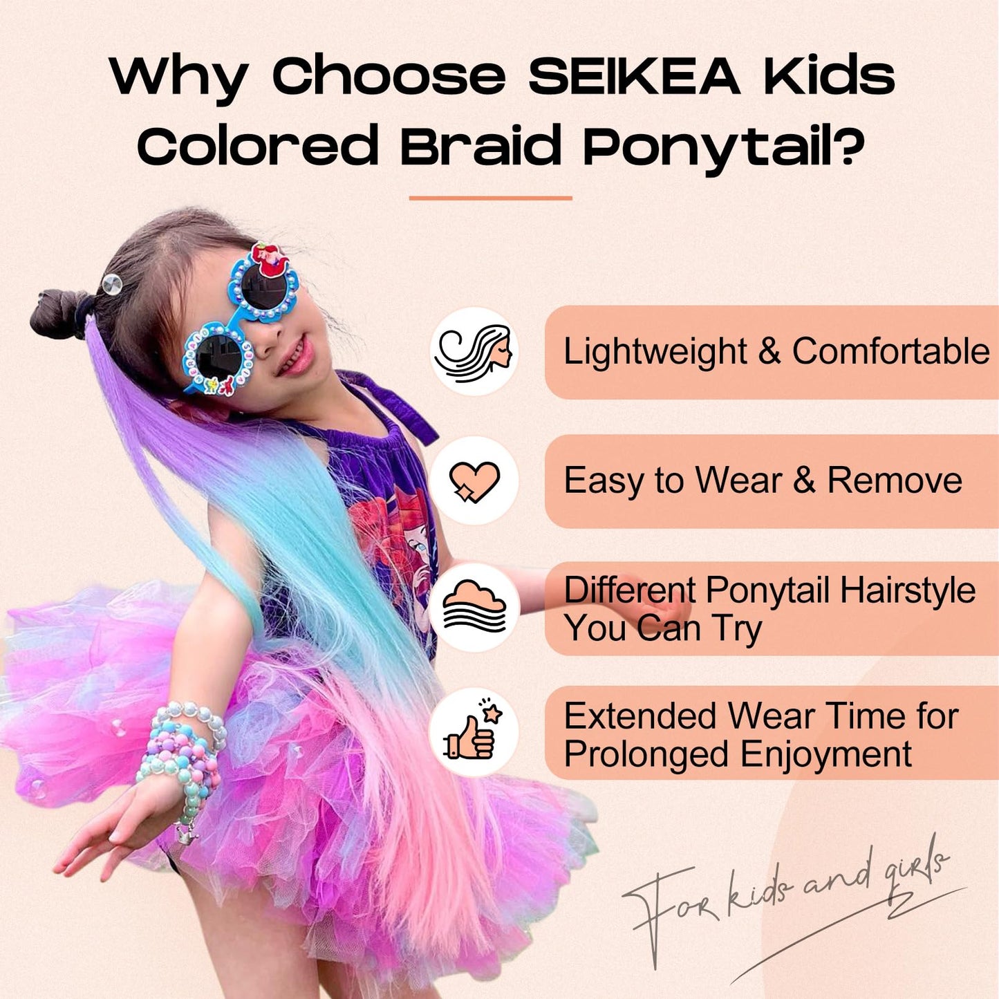 SEIKEA Colored Hair Extensions, 26" 9 Strands Lightweight Colored Hair Extensions for Kids Braid Ponytail Blend Hair Tinsel with Hair Tie, Ombre Crazy Hair Day Accessories Blue/Pink/Light Purple