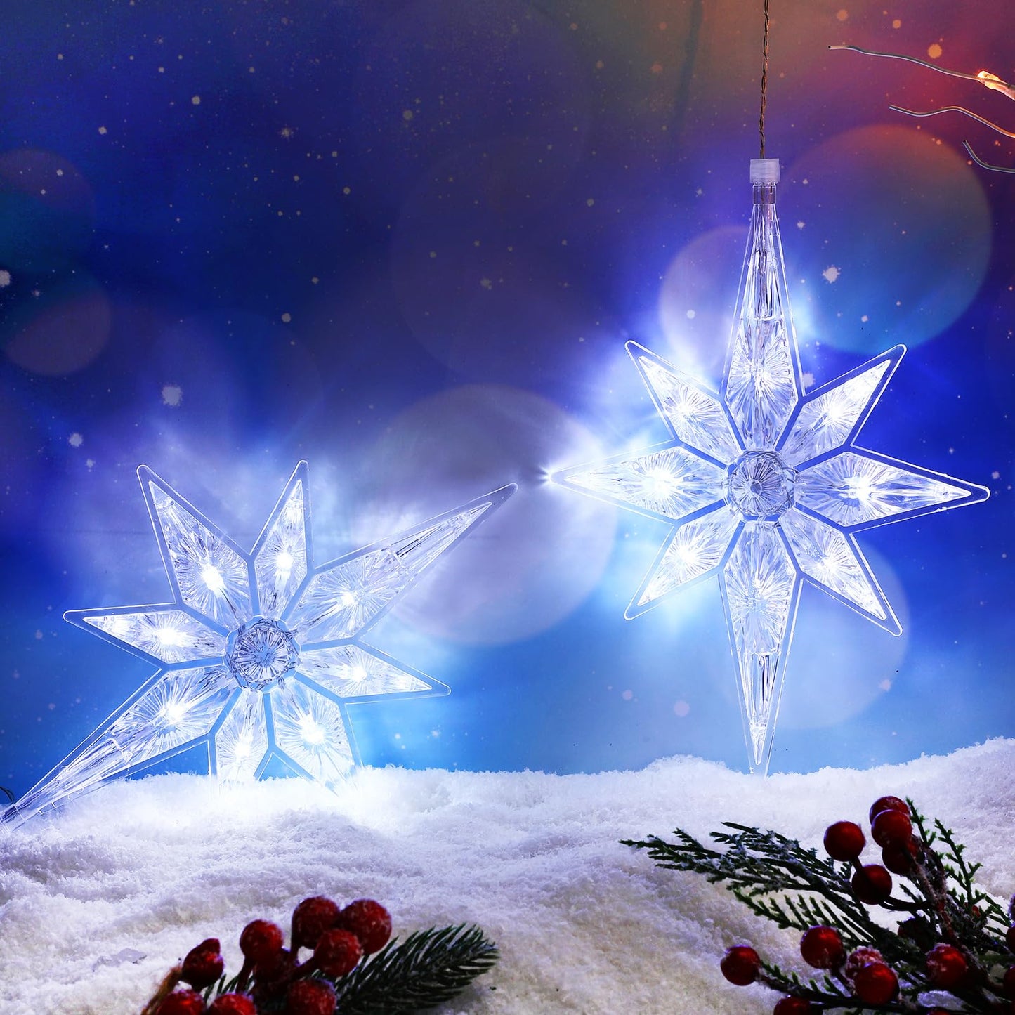 Mudder 10.8 Inch Christmas Window Star Lights Plastic Lighted Star Tree Topper Decoration Large Hanging Stars Christmas Window Lights LED Star Window Silhouette Decoration (Cool White,2 Pieces)