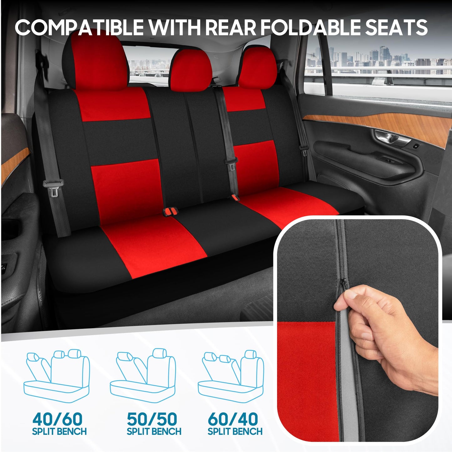 BDK PolyPro Car Seat Covers Full Set in Red on Black – Front and Rear Split Bench Seat Covers, Easy to Install, Accessories for Auto Trucks Van SUV