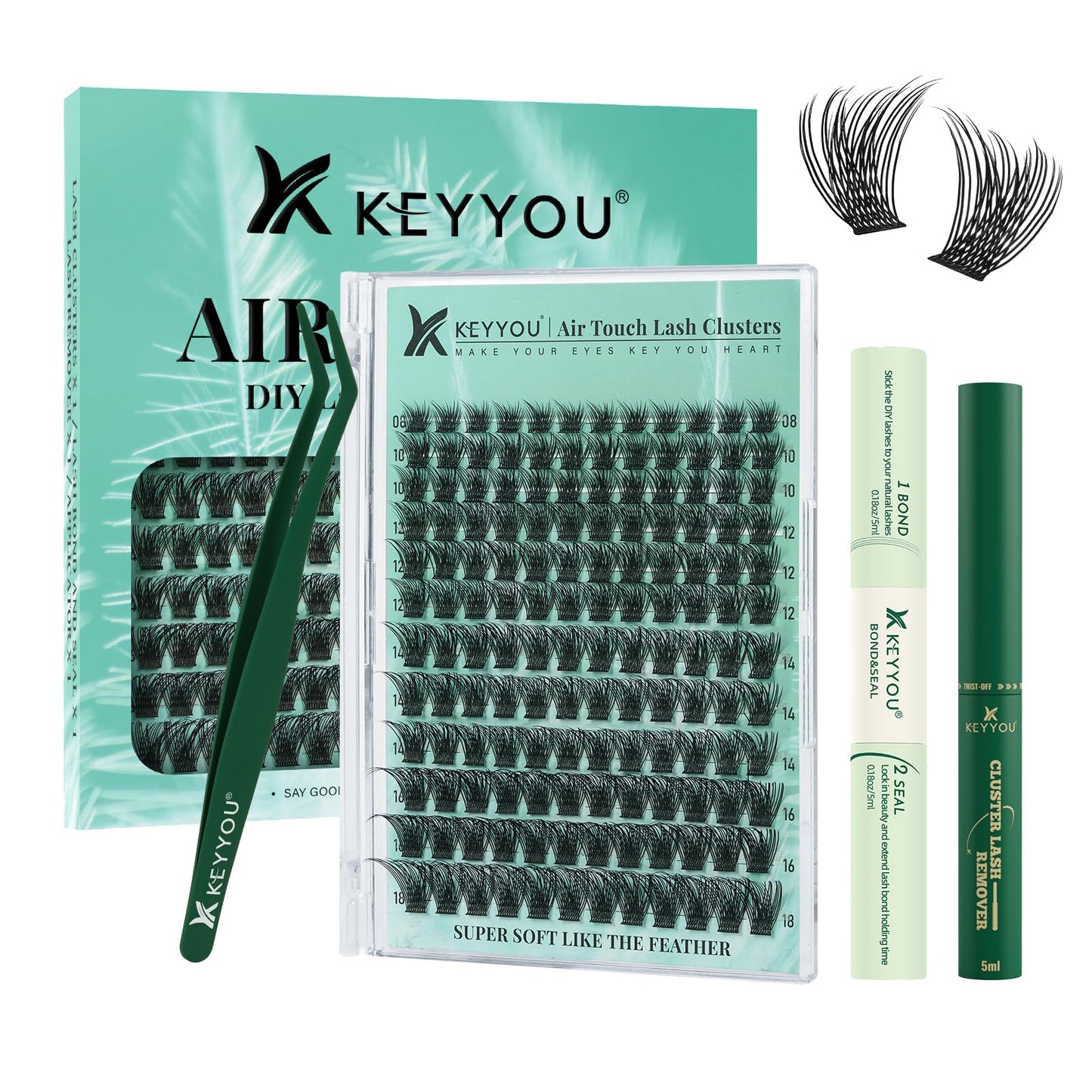 KEYYOU Lash Extension Kit 144pcs Air Touch Lash Clusters with Bond and Seal Lash Applicator Remover D Curl DIY Eyelash Extension Kit Easy to Apply at Home(Air01Kit-D-8-18Mix)