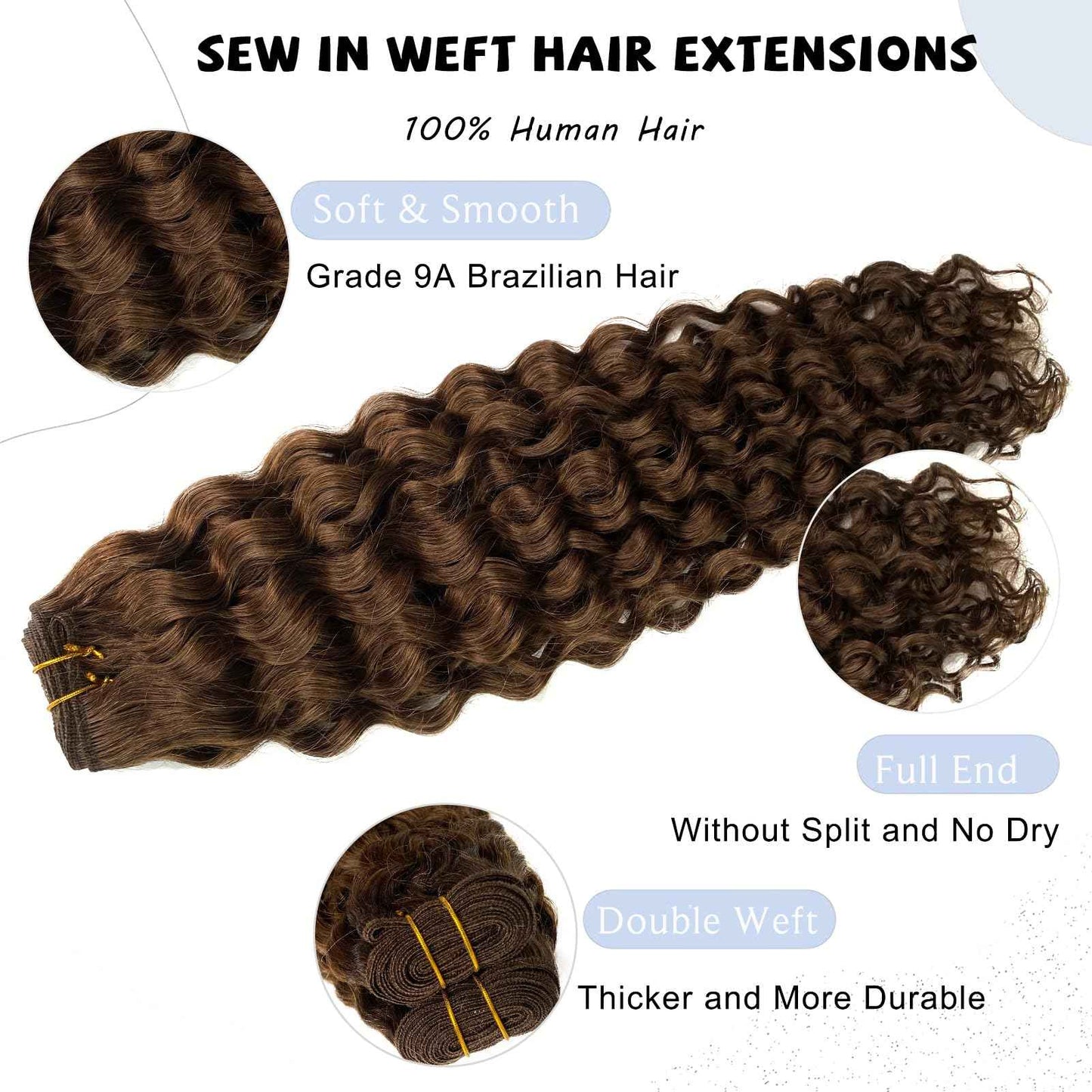 Sew in Hair Extensions Real Human Hair, Hand Tied Human Hair Weft Extensions 14 Inch Chocolate Brown Double Weft Full Head Curly Human Hair Weaves Bundles 80G Hair Wefts Weave Hair Extensions