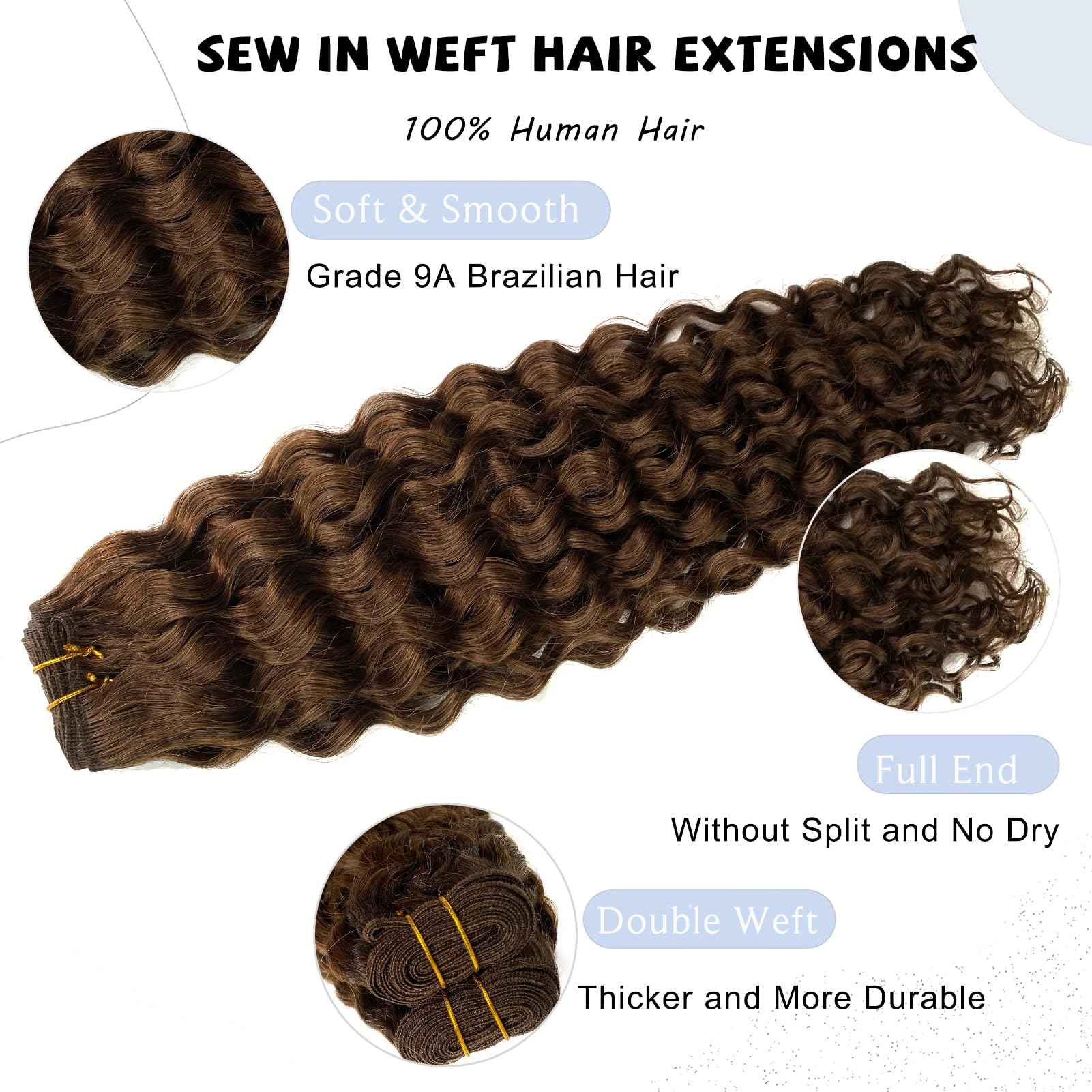 Sew in Hair Extensions Real Human Hair, Hand Tied Human Hair Weft Extensions 14 Inch Chocolate Brown Double Weft Full Head Curly Human Hair Weaves Bundles 80G Hair Wefts Weave Hair Extensions