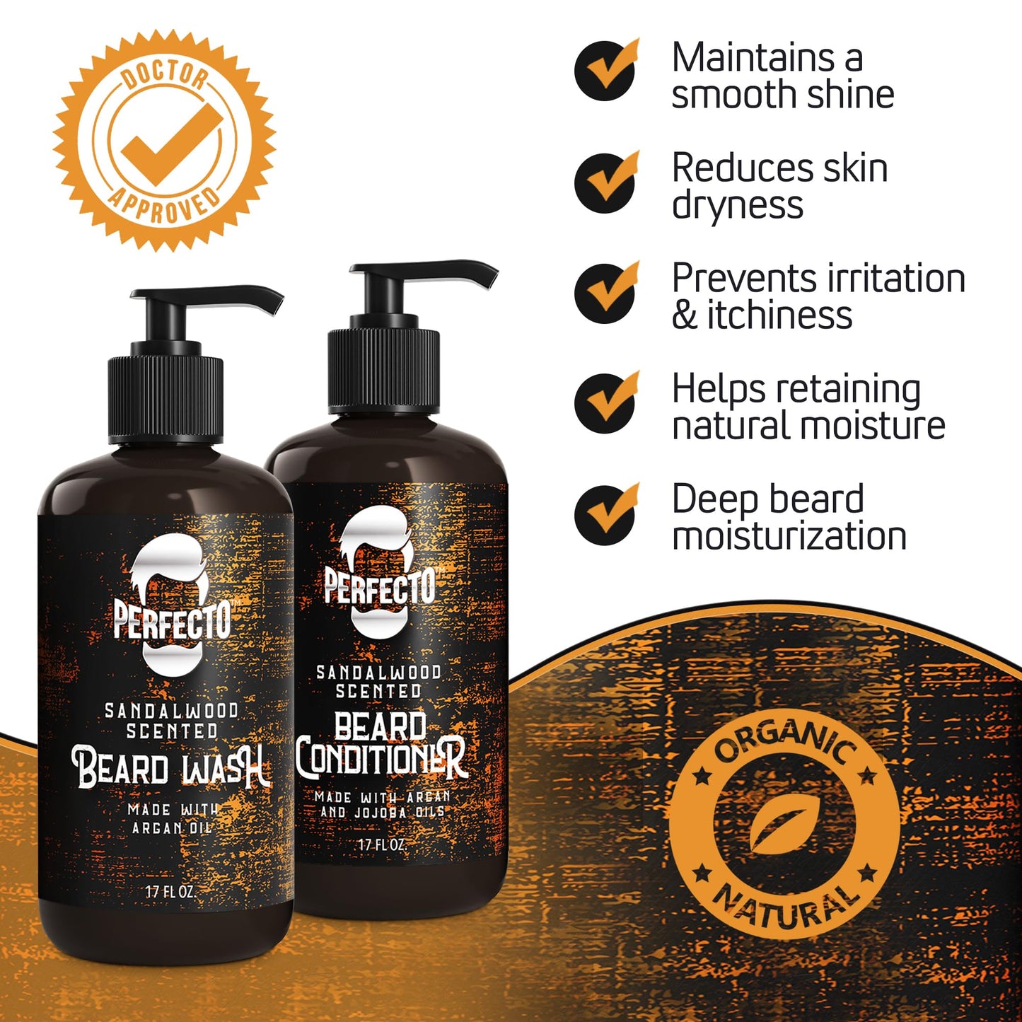 Perfecto Beard Wash & Beard Conditioner Set with Argan and Jojoba Oils - Strengthens and Softens - Natural Sandalwood Scent