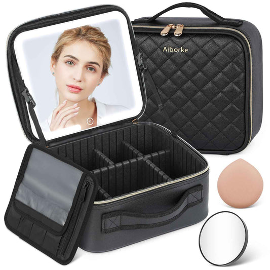 Aiborke Travel Makeup Bag with Led Mirror Make up Case with Lighted Mirror Cosmetic Organizer bag with Adjustable Dividers and 5X Magnifying Mirror Makeup Box Organizer Vanity Case for Women (Black)
