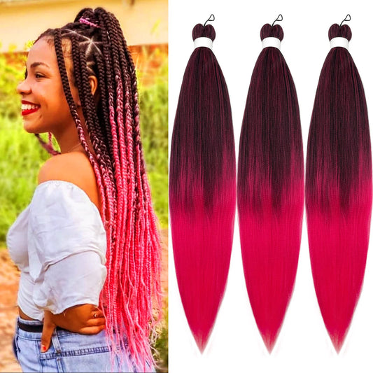 UPruyo Mixed Black Pink Braiding Hair Pre Stretched Prestretched Braiding Hair Ombre Pink Hair Extensions for Braids Synthetic Hair for Braiding Colored Kids Micro Braiding Hair (26 In 3 Packs)