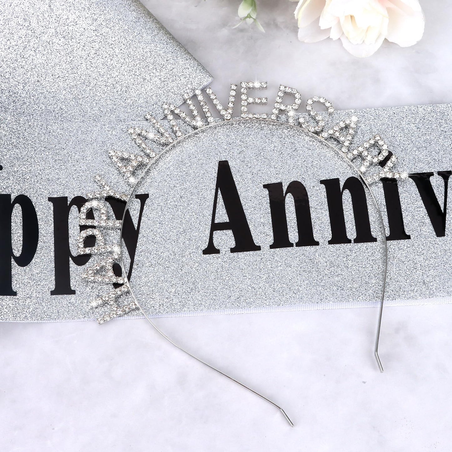 Casoty Silver Happy Anniversary Sash and Tiara for Women, Happy Anniversary Decorations, Happy Anniversary Sash and Crown Set