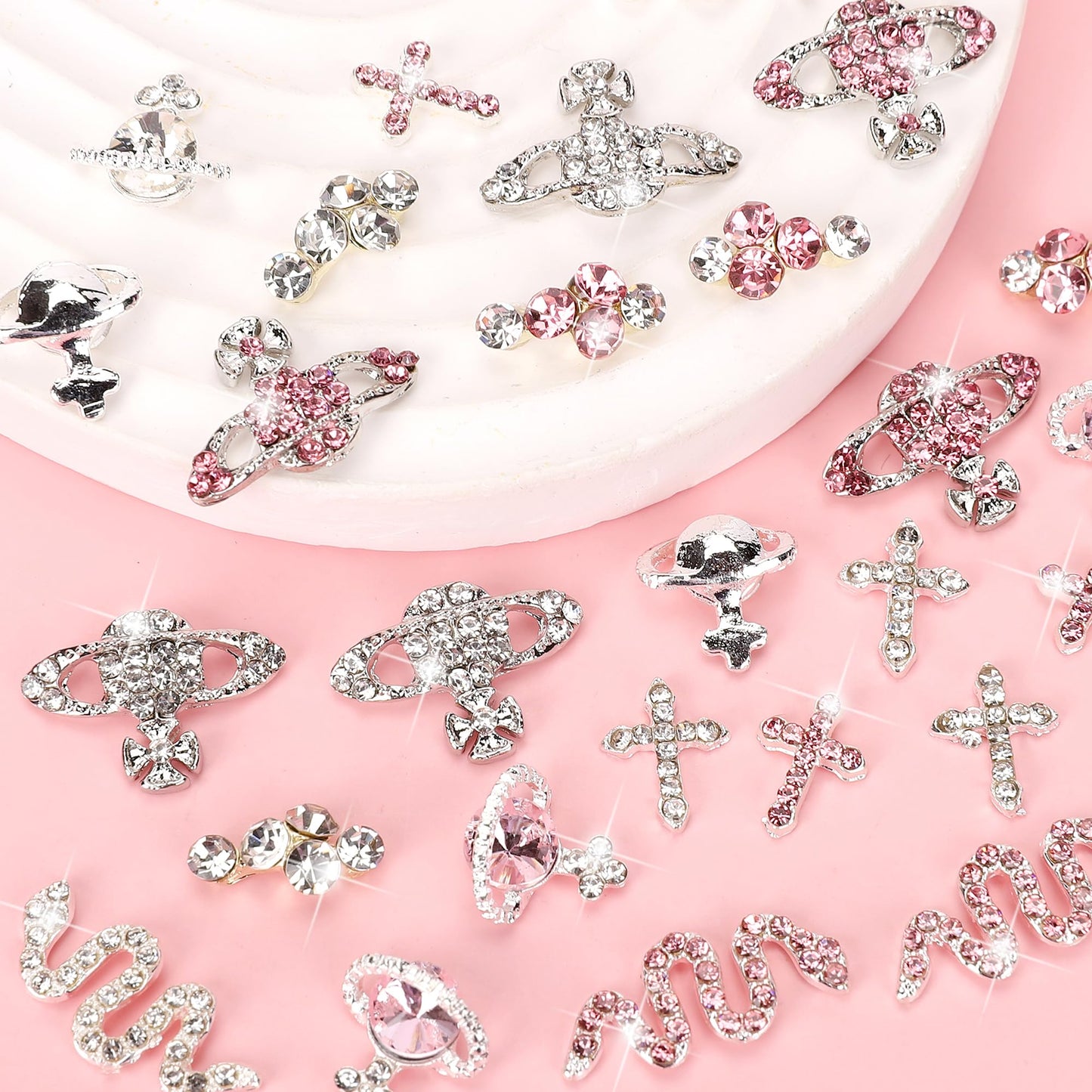 COOSLIM 30 Pcs Nail Charms Pink Y2k Chrome Nail Art Rhinestone Charms 3D Cross Snake Saturn Shape with Rhinestones Planet Nail Gems Shiny Jewelry Nail Decorations Accessories Supplies D