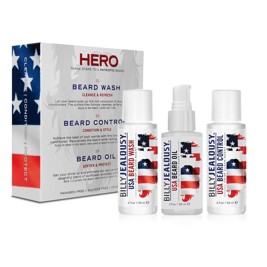 Billy Jealousy USA Hero Kit with USA Beard Wash, hydrating leave-in USA Beard Control, and USA Beard Oil, to Cleanse, Nourish, Soften & Strengthen your Facial Hair