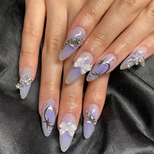 Purple Almond Press on Nails Medium, 3D Bow Star Nail Charms Fake Nails Bling Rhinestone Stick on Nails False Nails Glitter Acrylic Nails Summer Manicure for Women and Girls, 24PCS