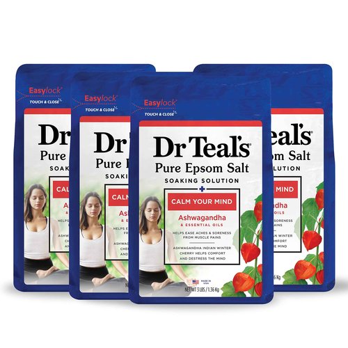 Dr Teal's Pure Epsom Salt, Ashwagandha & Essential Oils, 3 lbs (Pack of 4)