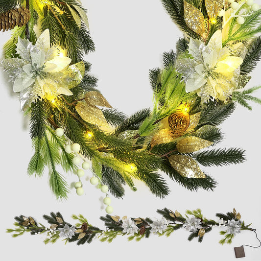 Christmas Garland Decoration with Lights - 9FT 70 LED Lighted Christmas Garland with Pine Cones, Berry Clusters, White Flower, Pine Branches, Leaves, Mixed Decorations for Mantle Fireplace Stairs Door