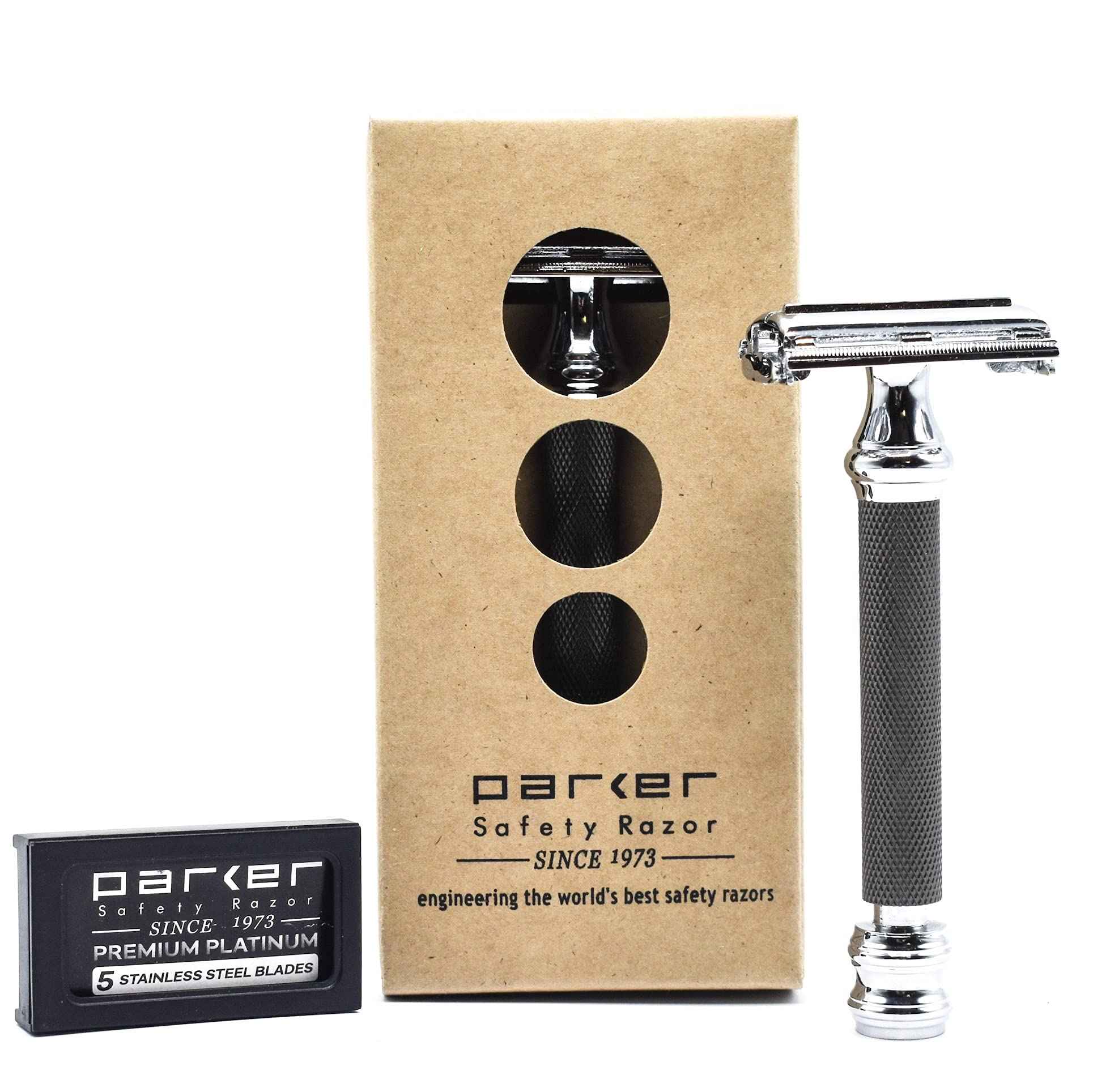 Parker 76R Heavyweight Butterfly Open Safety Razor – Gunmetal Finish with Long Knurled Handle for Precision Wet Shaving