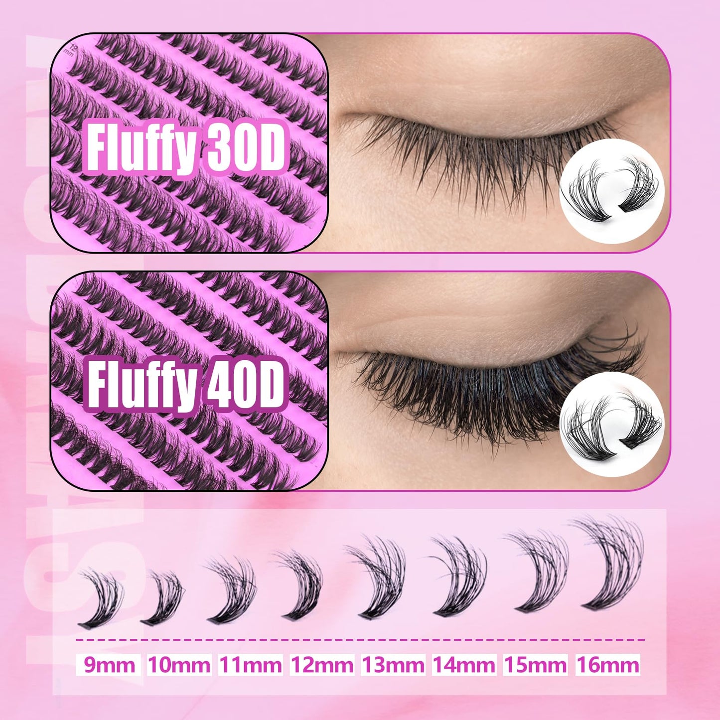 Fluffy Lash Extension Kit DIY 280PCS Wispy Lash Clusters Kit 30D40D 9-16mm Mix Tray 0.07D Curl Natural Lash Clusters Long Individual Lash Clusters Kit With Lash Bond and Seal, Tweezer at Home(30D)