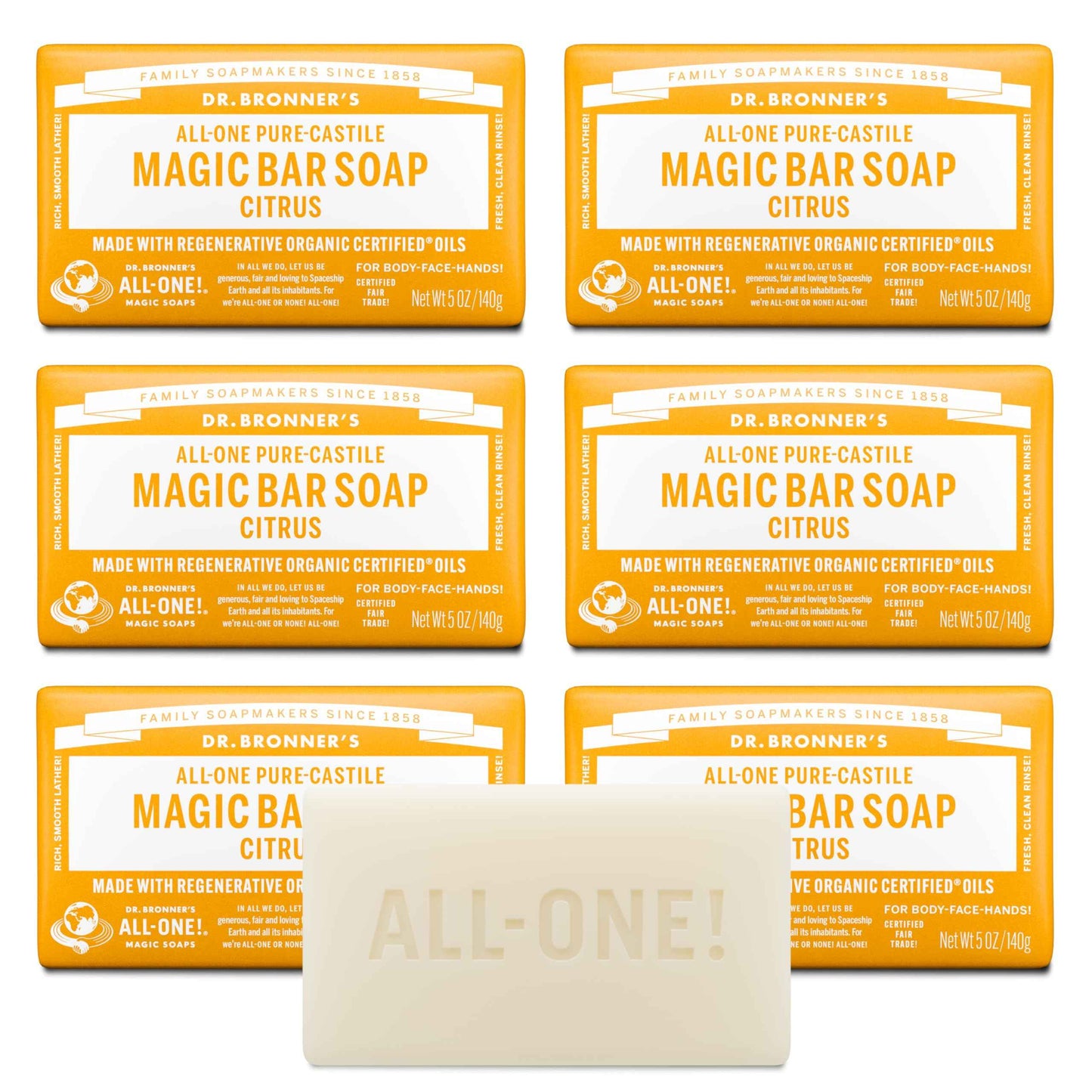 Dr. Bronner's Pure-Castile Magic Soap Bar (Citrus, 5 oz, 6-Pack)- Bath Soap with Regenerative Organic Certified Oils - For Face, Body & Hair - Gentle, Vegan - Bars for Men & Women