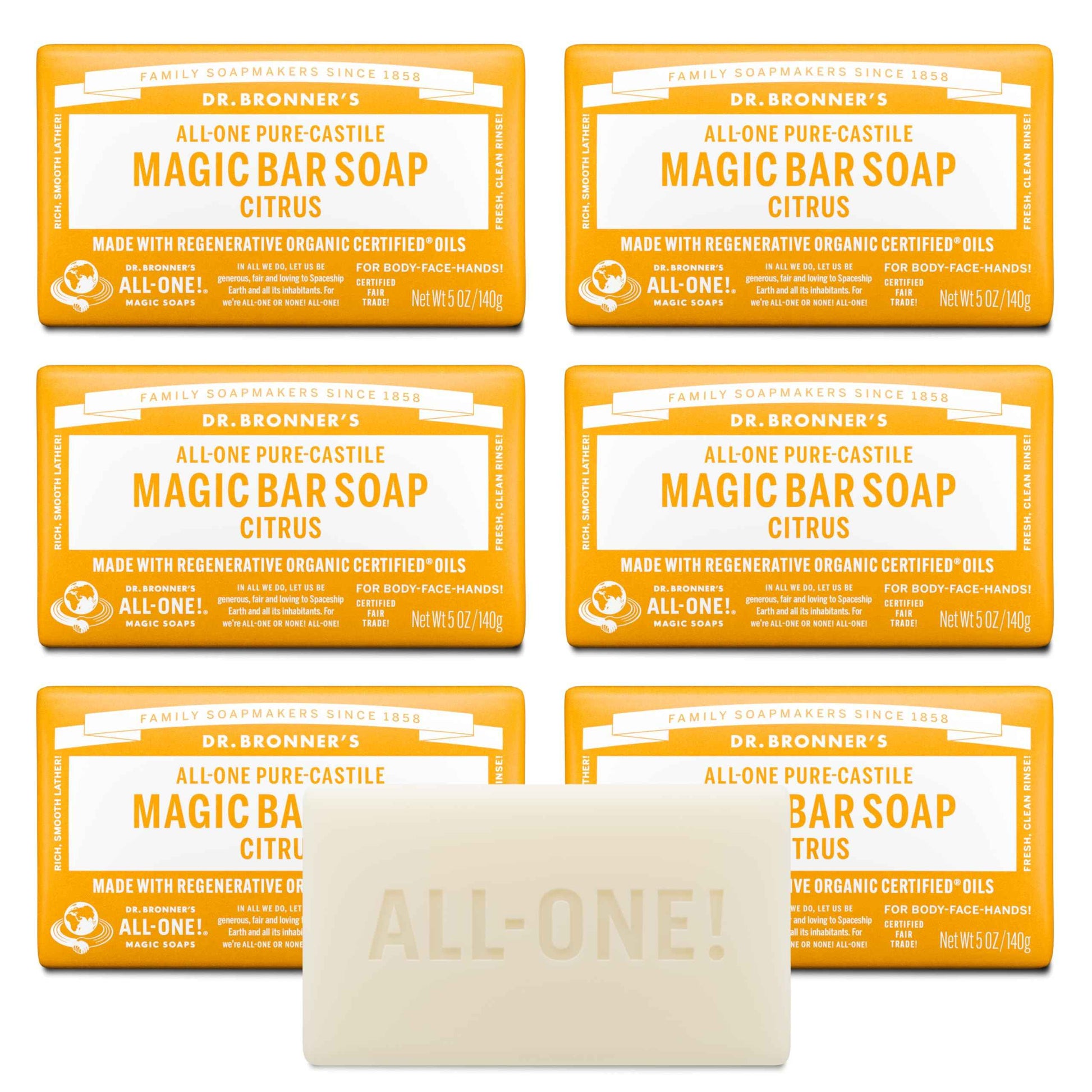 Dr. Bronner's Pure-Castile Magic Soap Bar (Citrus, 5 oz, 6-Pack)- Bath Soap with Regenerative Organic Certified Oils - For Face, Body & Hair - Gentle, Vegan - Bars for Men & Women