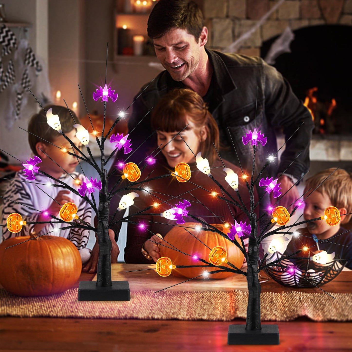 [Timer] 2 Pack 18" Black Halloween Tree, 48 LED Spooky Lighted Halloween Table Decor with Pumpkin Bat Ghost Lights, USB/Battery Operated Halloween Decorations Indoor Birch Tree for Home Party Mantle