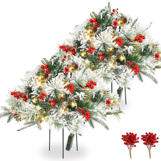 Tigeen 2 Pcs 22 Inch Christmas Tree Frosted Urn Filler Outdoor Planter Pots Filler Prelit Xmas Pine Trees with Cones and Red Berries 50 Warm White LED with 8 Light Modes and Timer for Yard(Snow)