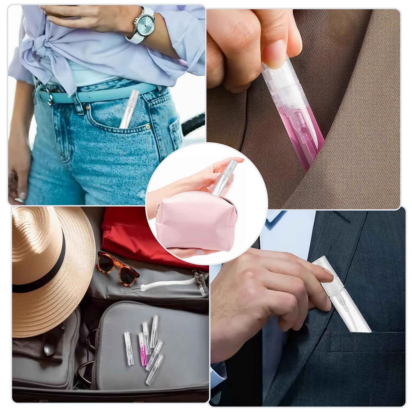 uadbau Mini Spray Bottle, 5 Pcs 10ml Perfume Bottle Empty with 3 Pcs Transfer Pipettes, Fine Mist Refillable Perfume Atomizer, Small Empty Sample Containers, Plastic Portable Travel Bottle - Clear