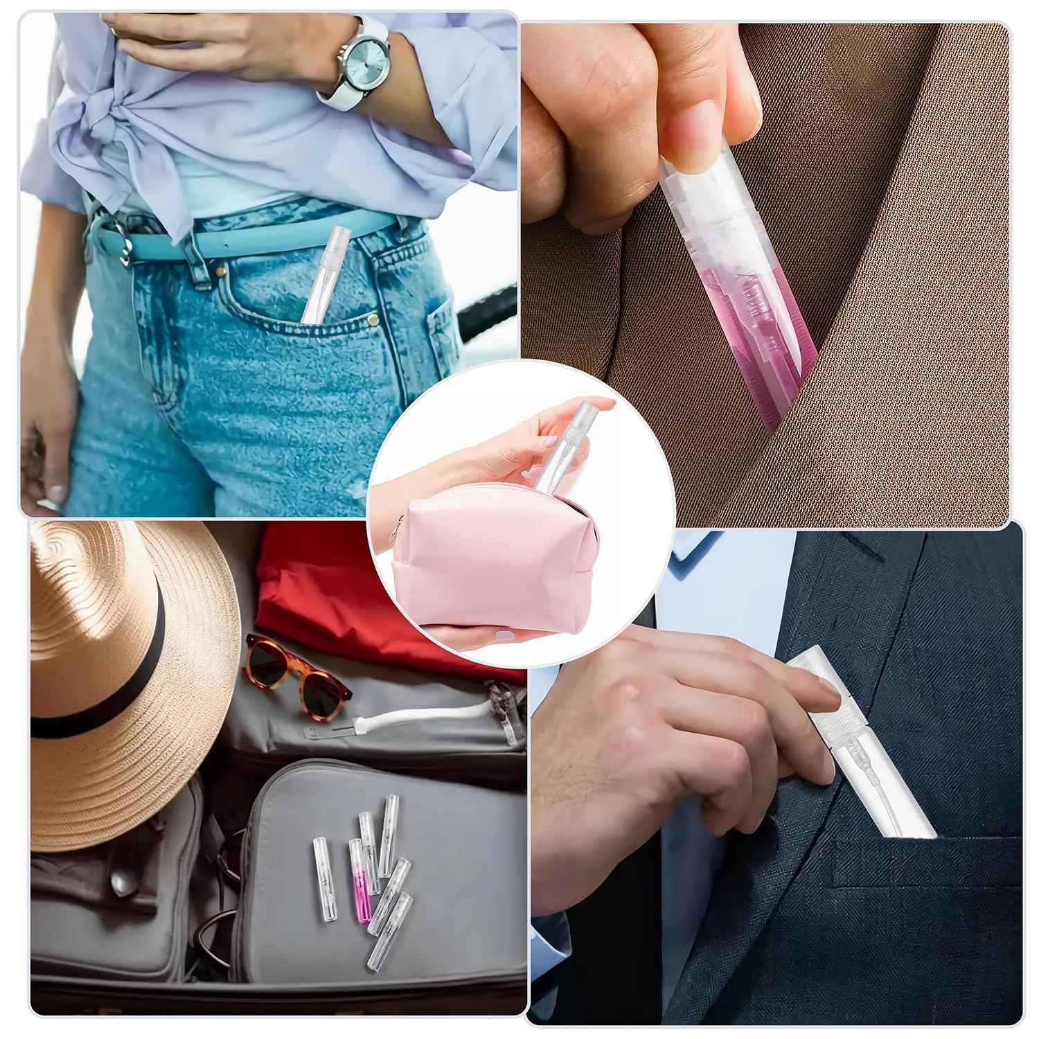 uadbau Mini Spray Bottle, 5 Pcs 10ml Perfume Bottle Empty with 3 Pcs Transfer Pipettes, Fine Mist Refillable Perfume Atomizer, Small Empty Sample Containers, Plastic Portable Travel Bottle - Clear