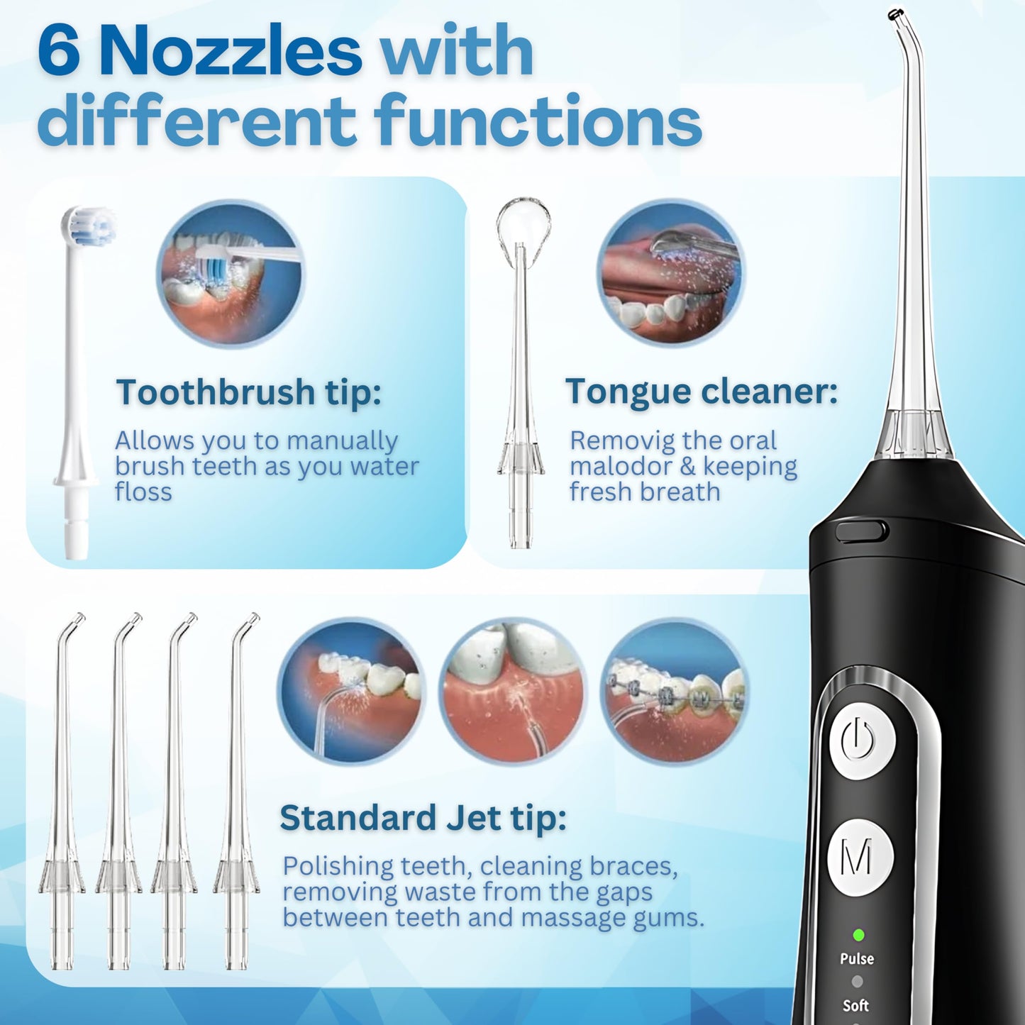 Dental Water Flosser Cordless, 310ML Electric Flosser with 4 Cleaning Modes & 6 Replaceable Jet Tips, IPX7 Waterproof Electric Waterflosser for Teeth Cleaning (6 Tips)