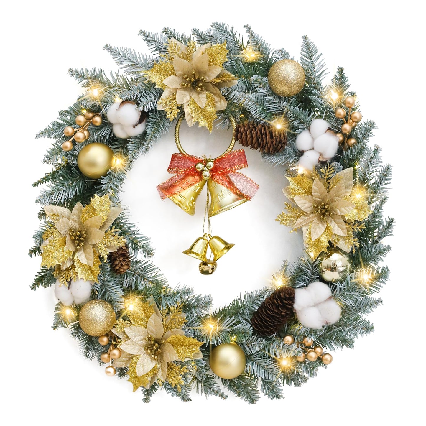 Veryhome Handcrafted 18 inches Pine Needle Christmas Wreath with Pinecones and Gold Accents with LED Lights - Perfect Holiday Decor for Front Door Fireplace