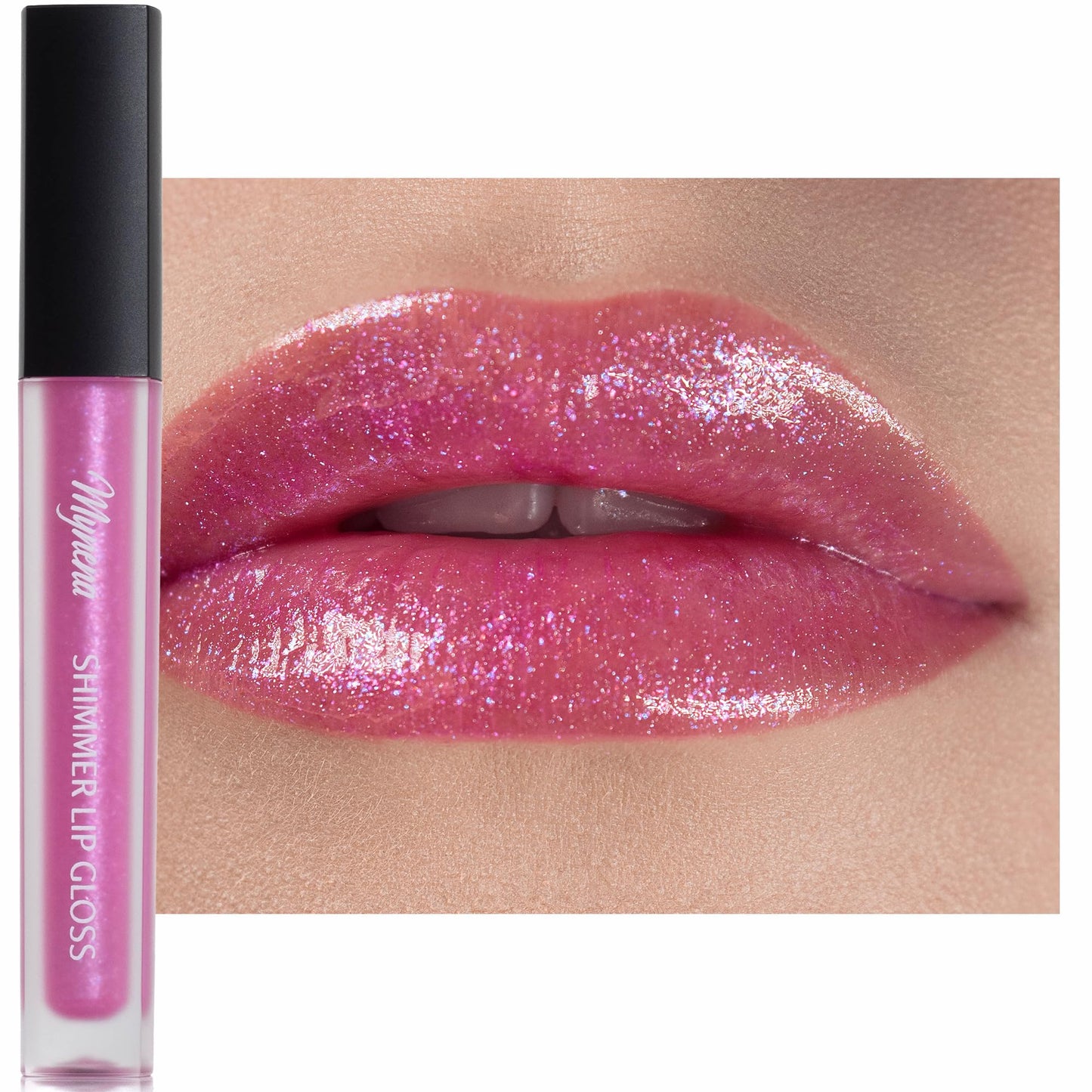 Mynena Clear with Silver Gold and Rose Shimmer Lip Gloss, Non-Sticky Finish, Perfect Lip Top Coat - Rose