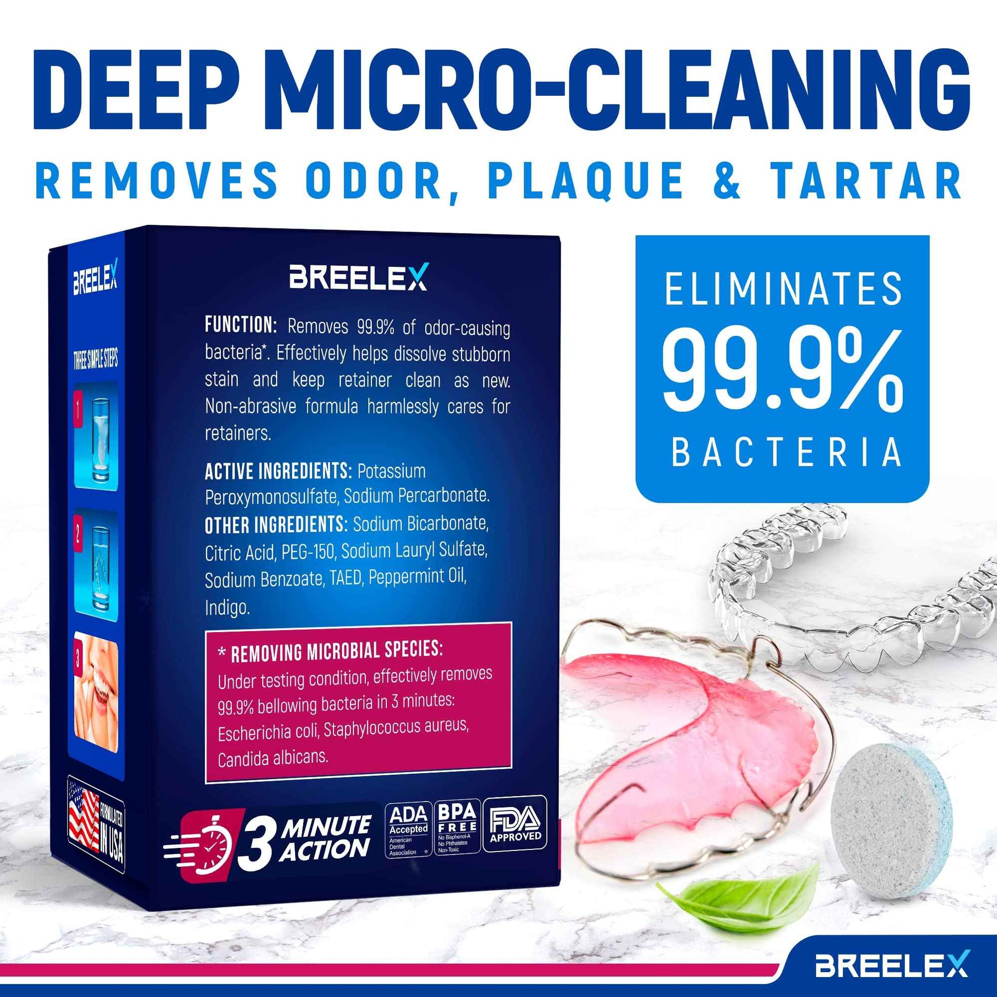 Breelex Denture Cleaning Tablets - 120 Retainer Cleaner Tablets for Aligner, Mouth & Night Guard - FSA HSA Approved Products - Dental Cleanser for Nightguard - Fresh in 3 Minute - Denture Cleaner