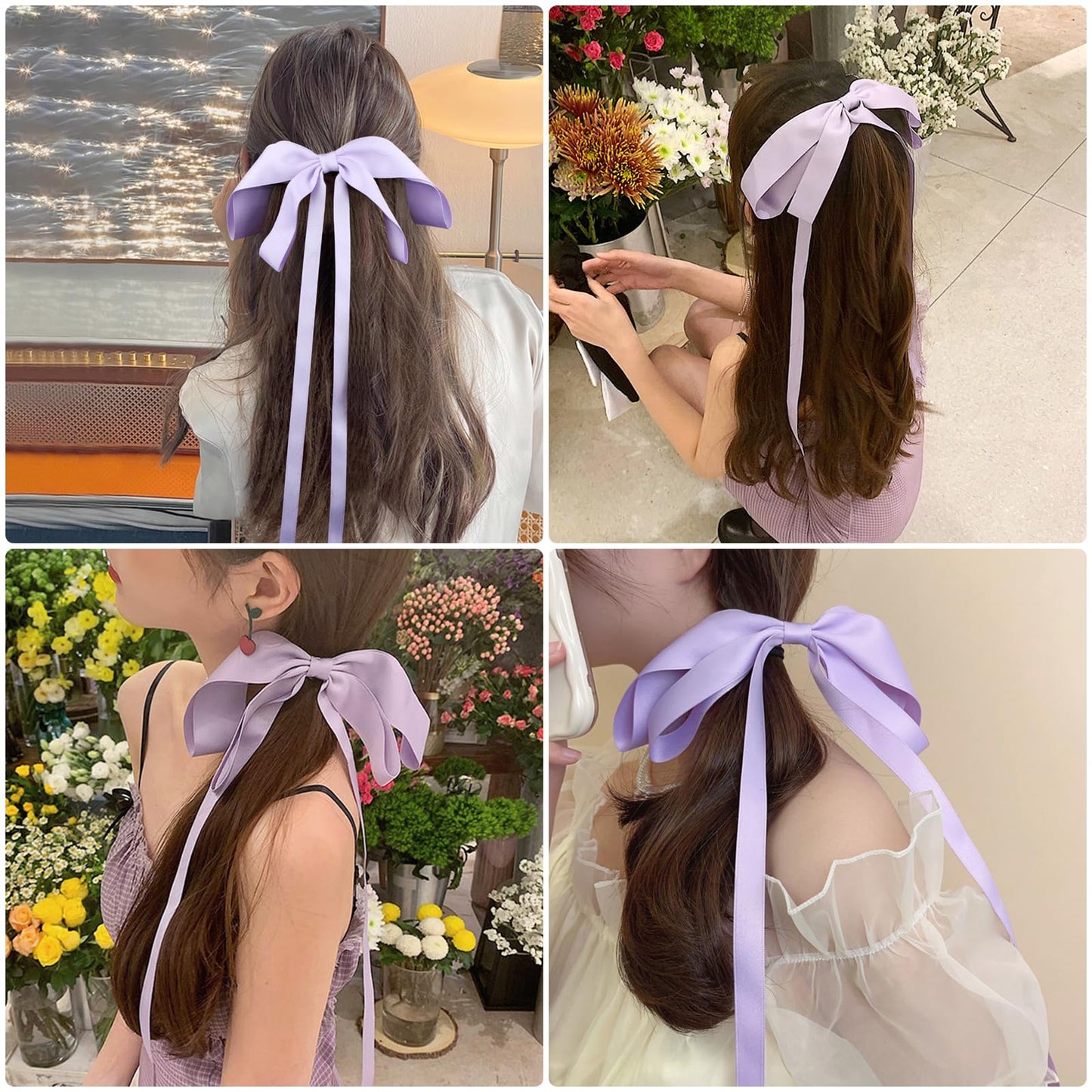 Rywicle Hair Clips Bow for Women Girls for Tassel Ribbon Bowknot Hair Claw Silky Satin French Barrette Lightweight 2 Pack for Summer-Purple Champagne White