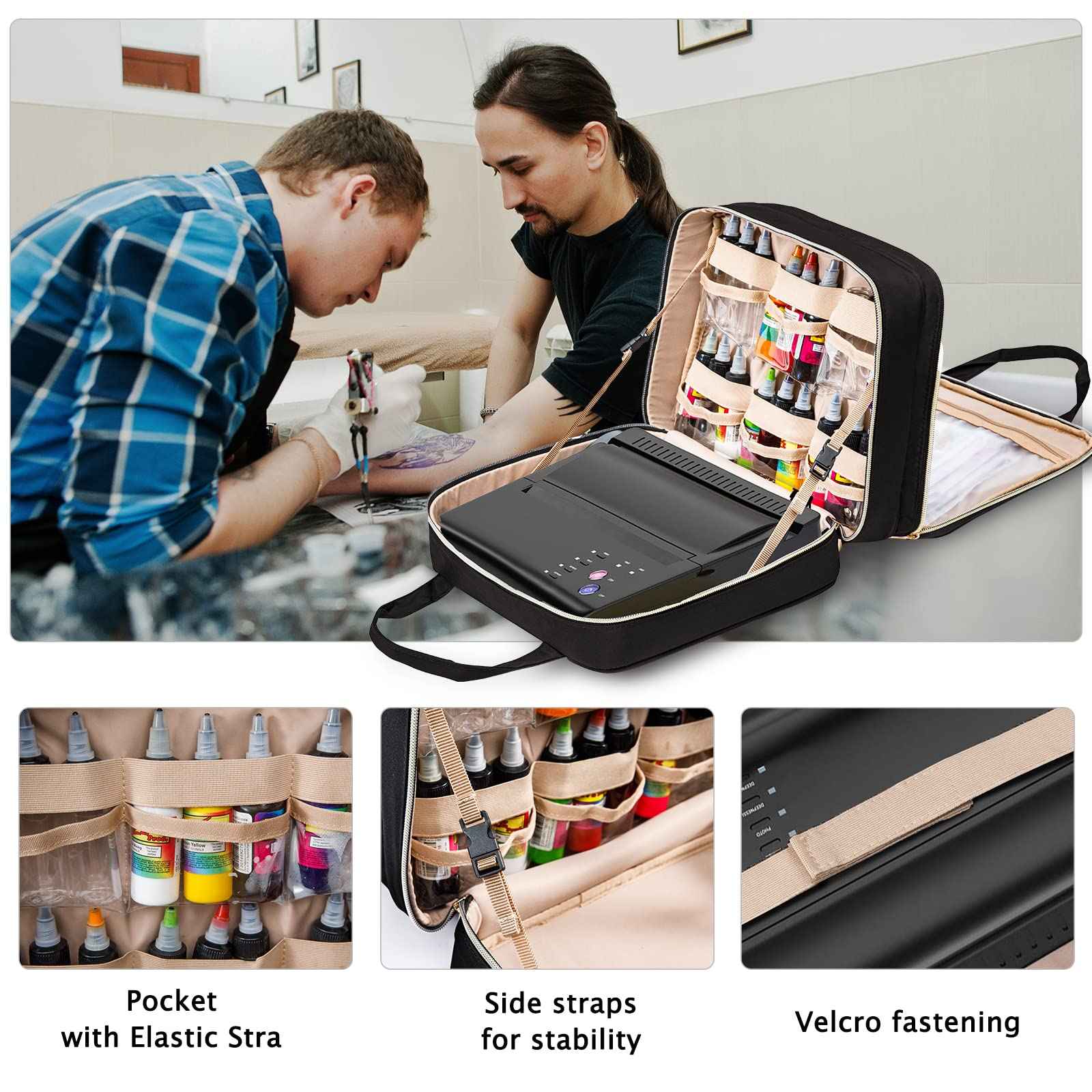 ELCUPA Tattoo Carrying Case-Tattoo Supplies Organizer-Tattoo Kit Case -Tattoo Supplies Carrying Bag for Tattoo Stencil Printer, Tattoo Ink, Tattoo Equipment, Tatoo Pens Black (BAG ONLY)