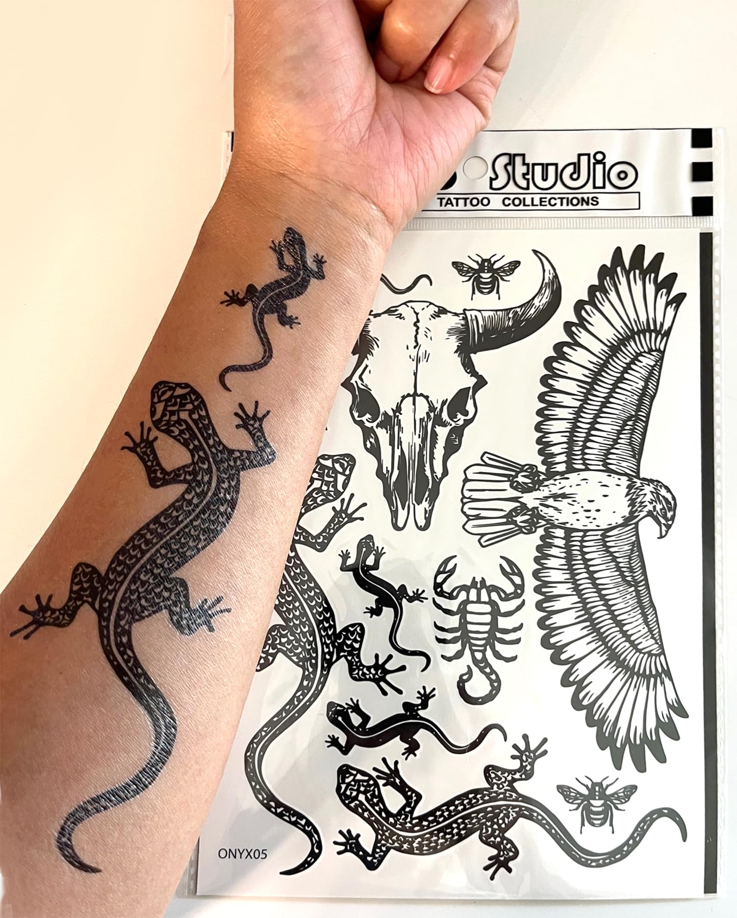 Temporary Tattoos for Adult Women - 2 Sheets Hawk lizard Gecko Bug Scorpion Skull Cow Buffalo Bison Adults Tattoo