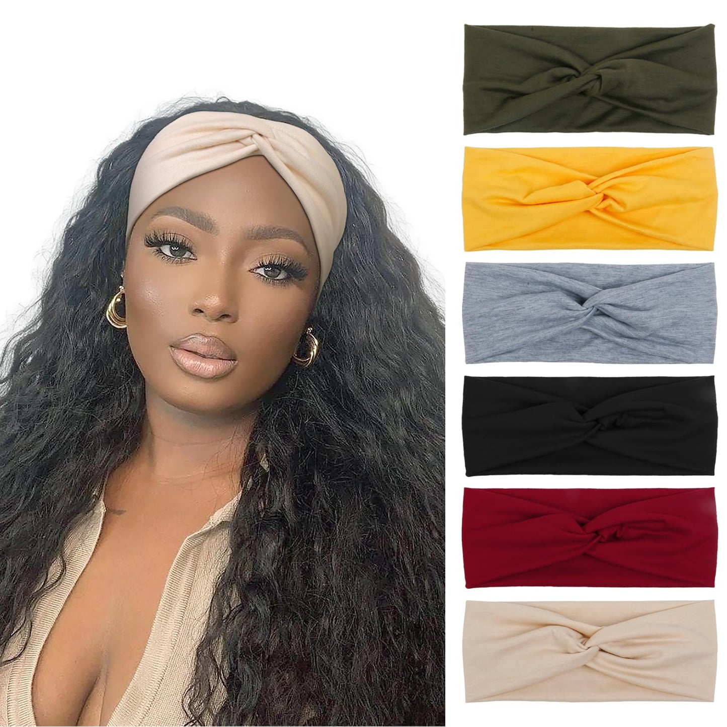 TERSE 6 Pack Headbands for Women Fashion Non Slip Wide Hair Bands Workout Head Wraps