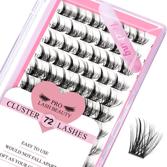 Cluster Lashes, 72 Pcs Individual Lashes, Lash Clusters DIY Eyelash Extension, Super Thin Band Reusable Soft & Comfortable (Fetching-D-8-16mix)