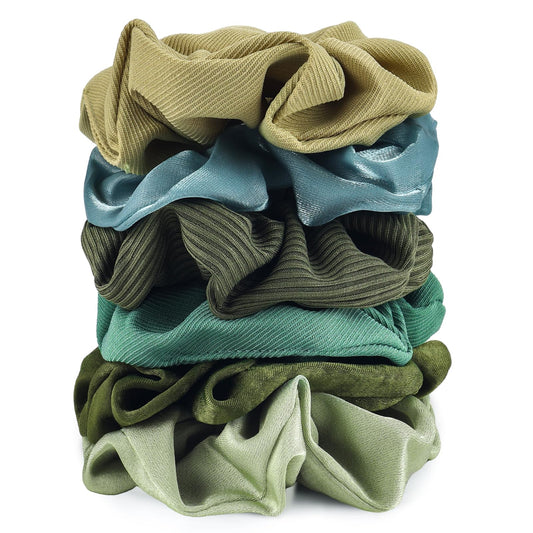 TUCEWP Scrunchies 6PCS Soft Satin Silk Scrunchies for Women's Hair, Ultra Textured Green Hair Ties for Thick Hair, Hair Accessories for Girls, Hair Bands for Workout, 6 Count