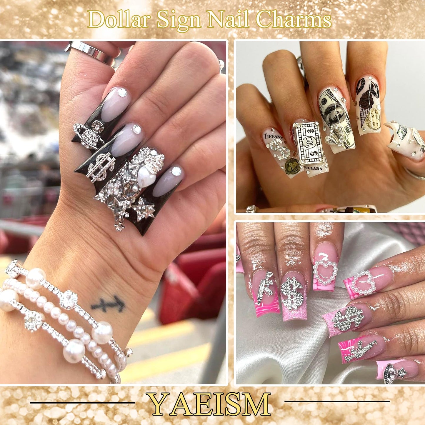 YAEISM 16PCS Money Dollar Nail Charms 4 Styles Gold and Silver Money Nail Charms 3D Alloy Money Sign Nail Charms with Crystals Shiny Rhinestones for Nail Art and DIY Crafts Jewelry Decoration